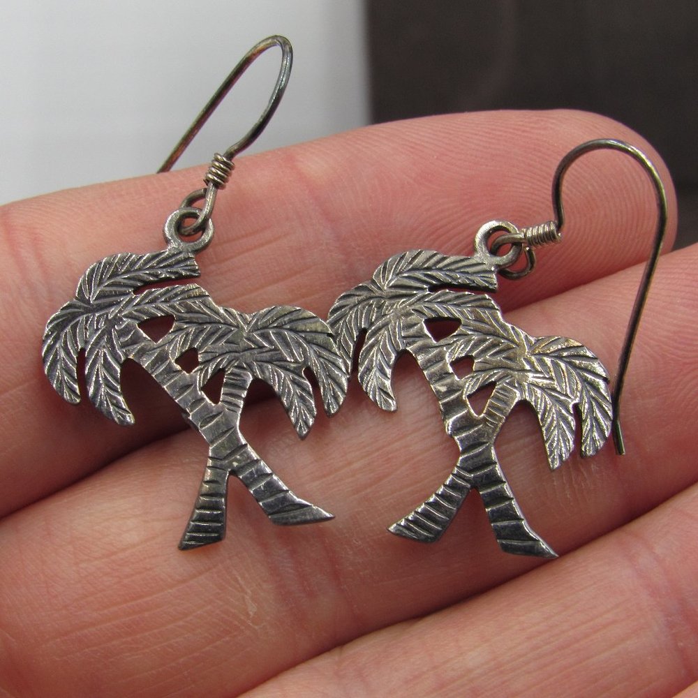 Sterling Silver Rustic Palm Tree Dangle Earrings